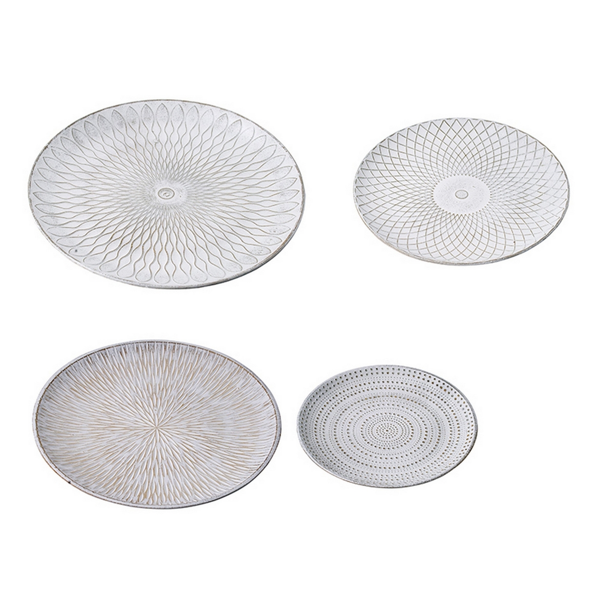 Set Of 4 Minimalist Round Decor Tray Plate, Spiral Pattern, Antique White - Saltoro Sherpi