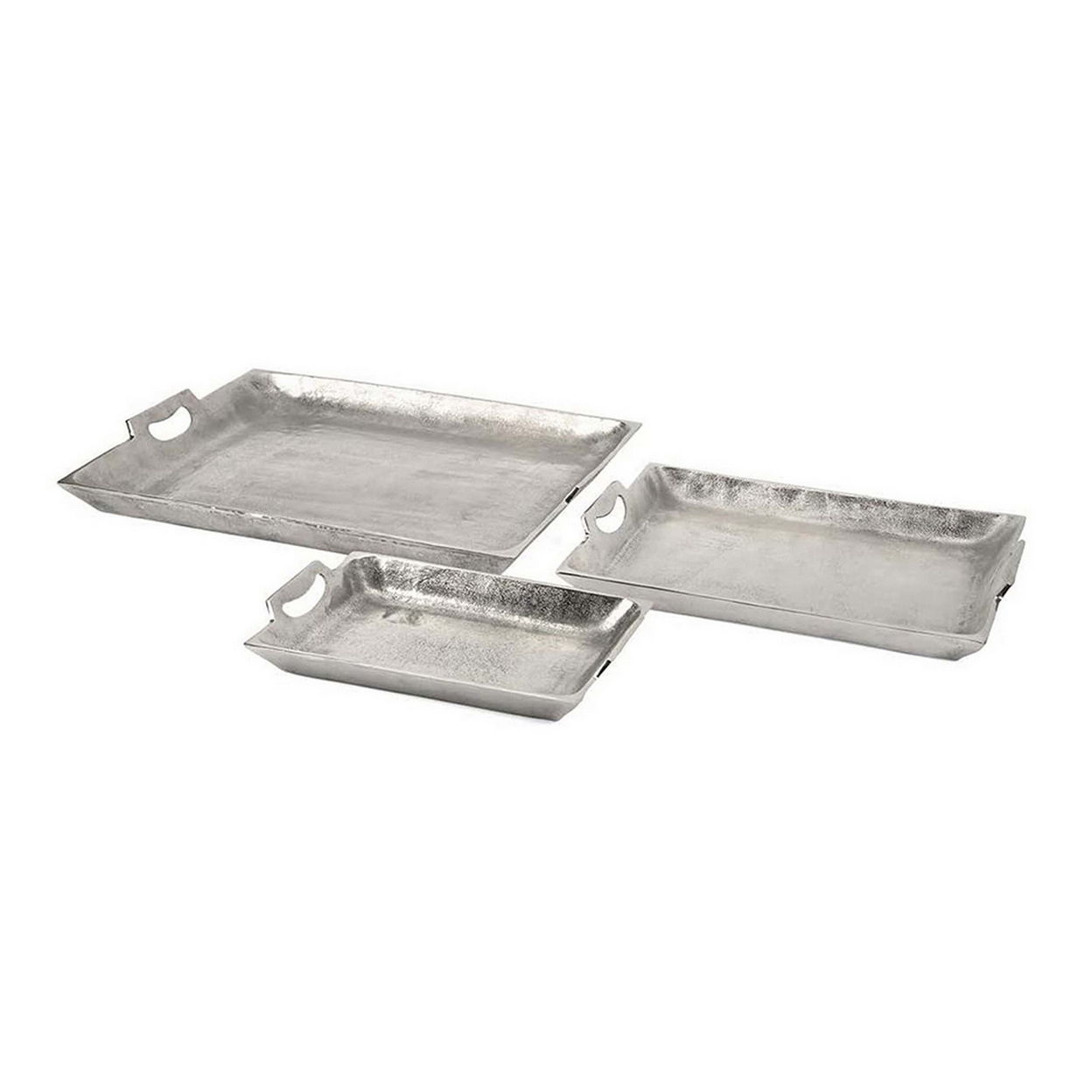Set Of 3 Decorative Trays, Cutout Handles, Tarnish Free Silver Aluminum- Saltoro Sherpi
