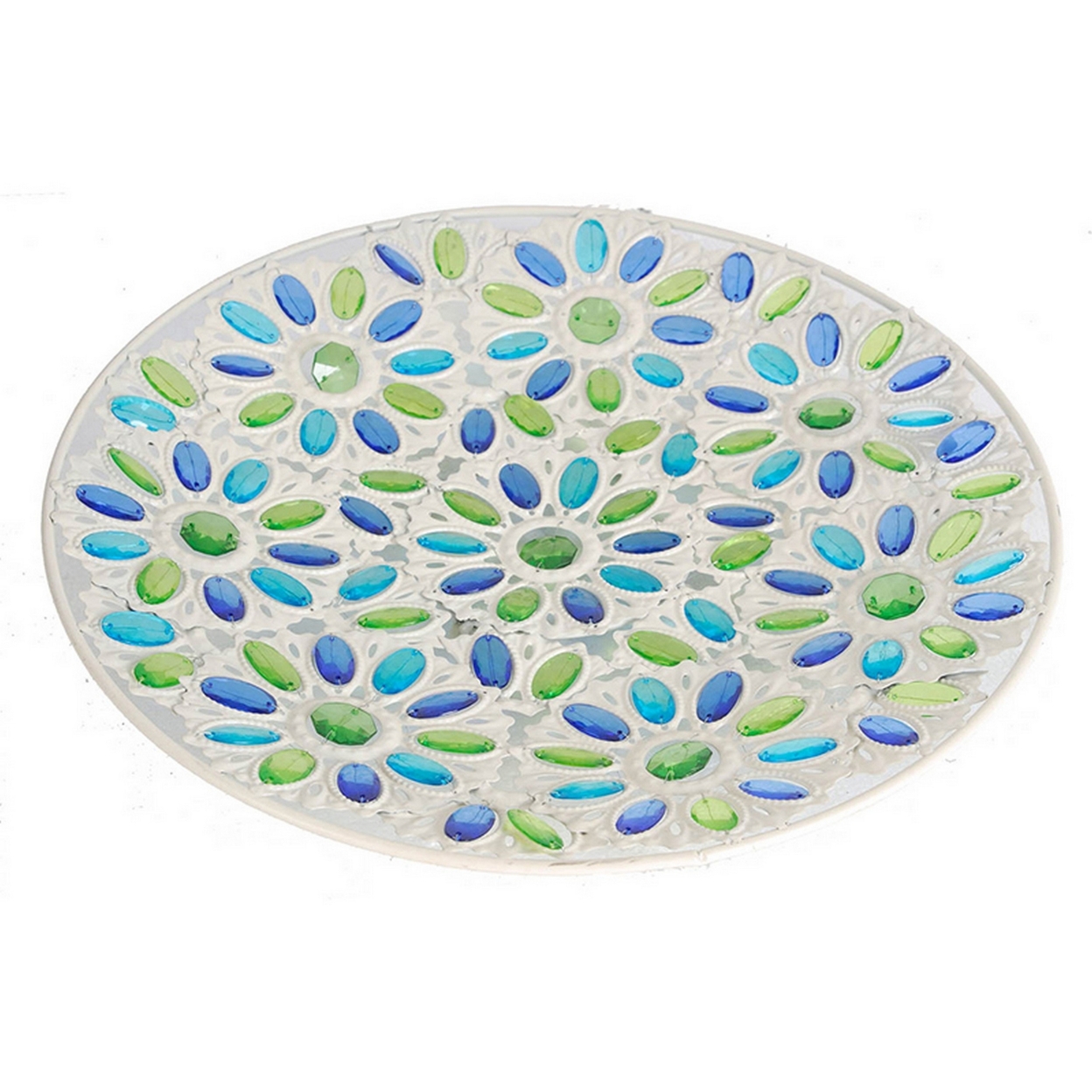 18 Inch Round Decorative Tray, Plastic Beads, Floral Pattern, White, Green- Saltoro Sherpi