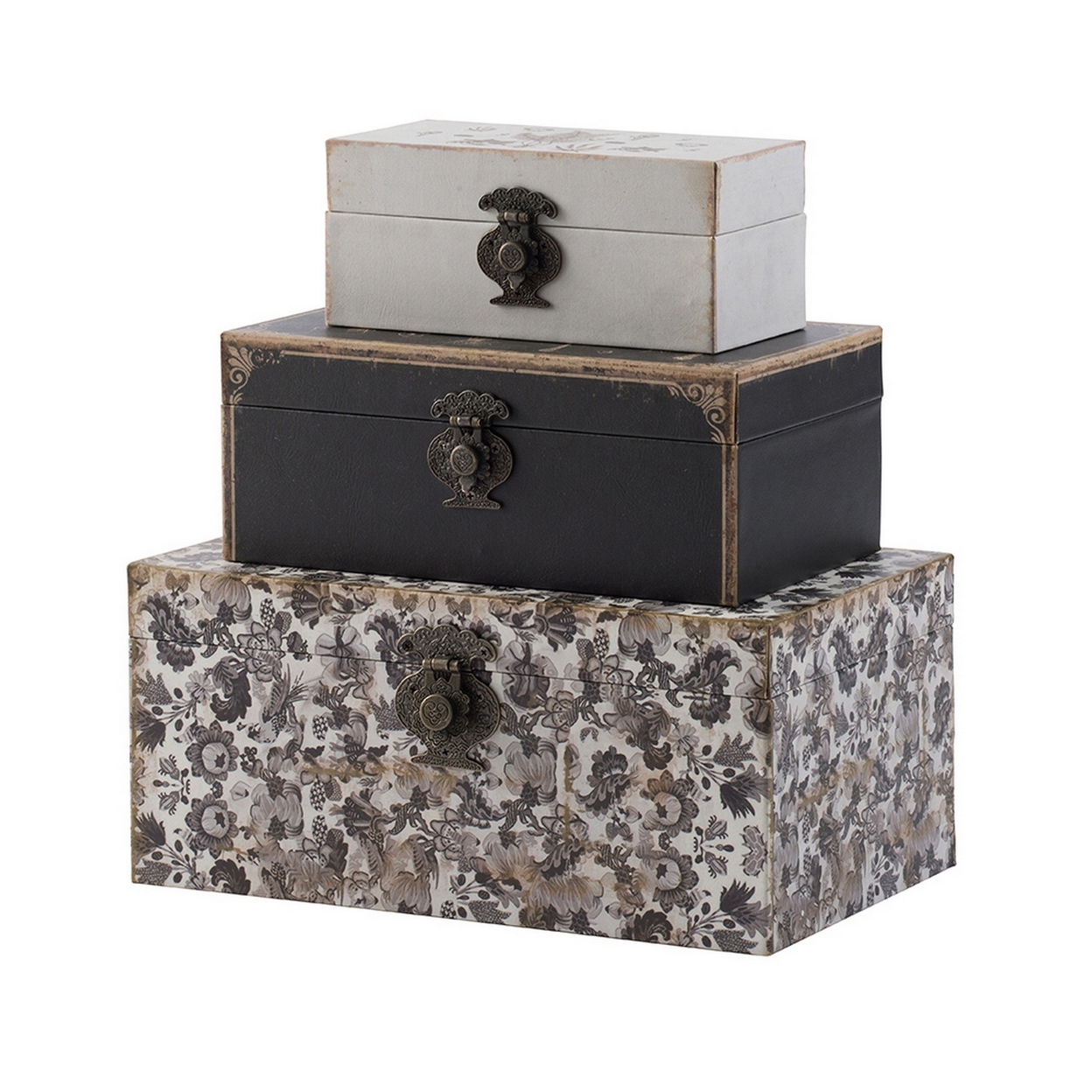 Leo Set Of 3 Storage Boxes, Vegan Leather Lining, Ornate Printed Designs- Saltoro Sherpi