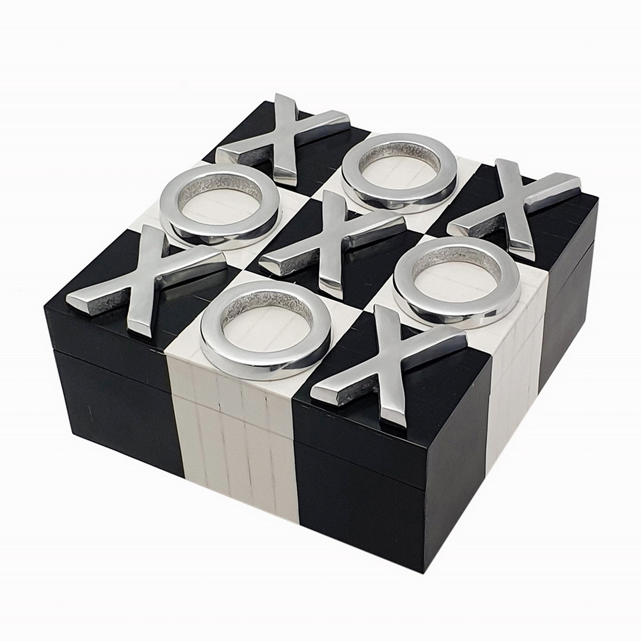8 Inch Decorative Tic Tac Toe Square Game Box, Silver Pieces, Black, White- Saltoro Sherpi