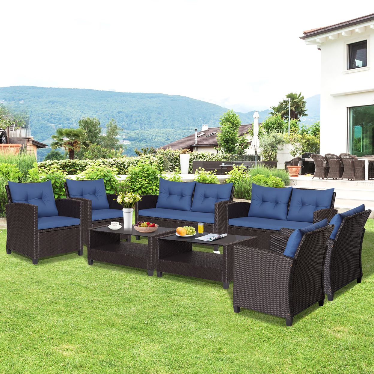 8PCS Outdoor Conversation Set Patio PE Rattan Set W/ Glass Table & Sofa Cushions - Navy