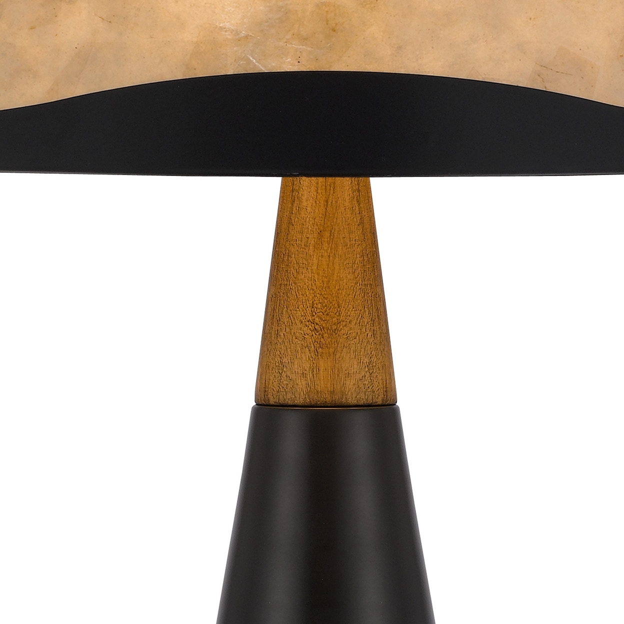 30 Inch 3 Way Table Lamp, Beige Mica Shade, Rubberwood And Black Metal Body- Saltoro Sherpi