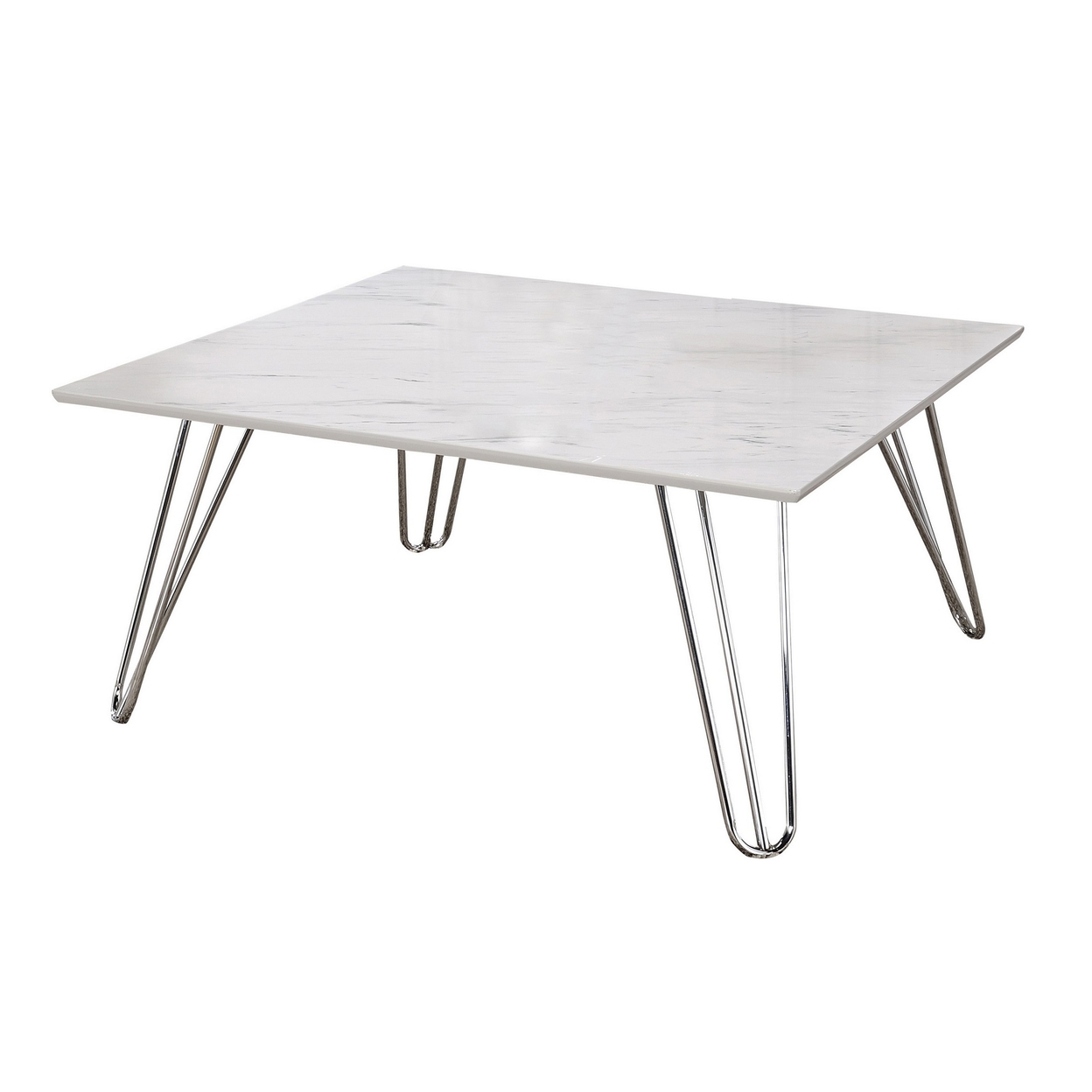 36 Inch Square Coffee Table With White Faux Marble Top, Chrome Hairpin Legs- Saltoro Sherpi