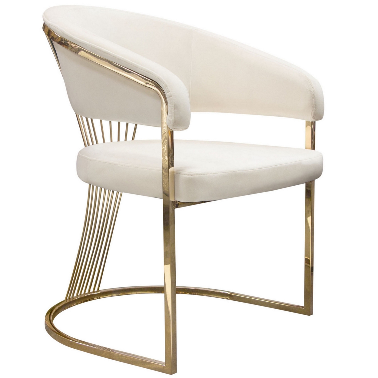 Emy 26 Inch Cantilever Barrel Dining Chair, Cream Velvet Upholstery, Gold- Saltoro Sherpi