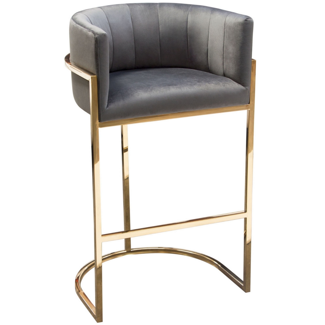 Meha 29 Inch Cantilever Bar Chair, Channel Tufted Back, Gray Velvet, Gold- Saltoro Sherpi