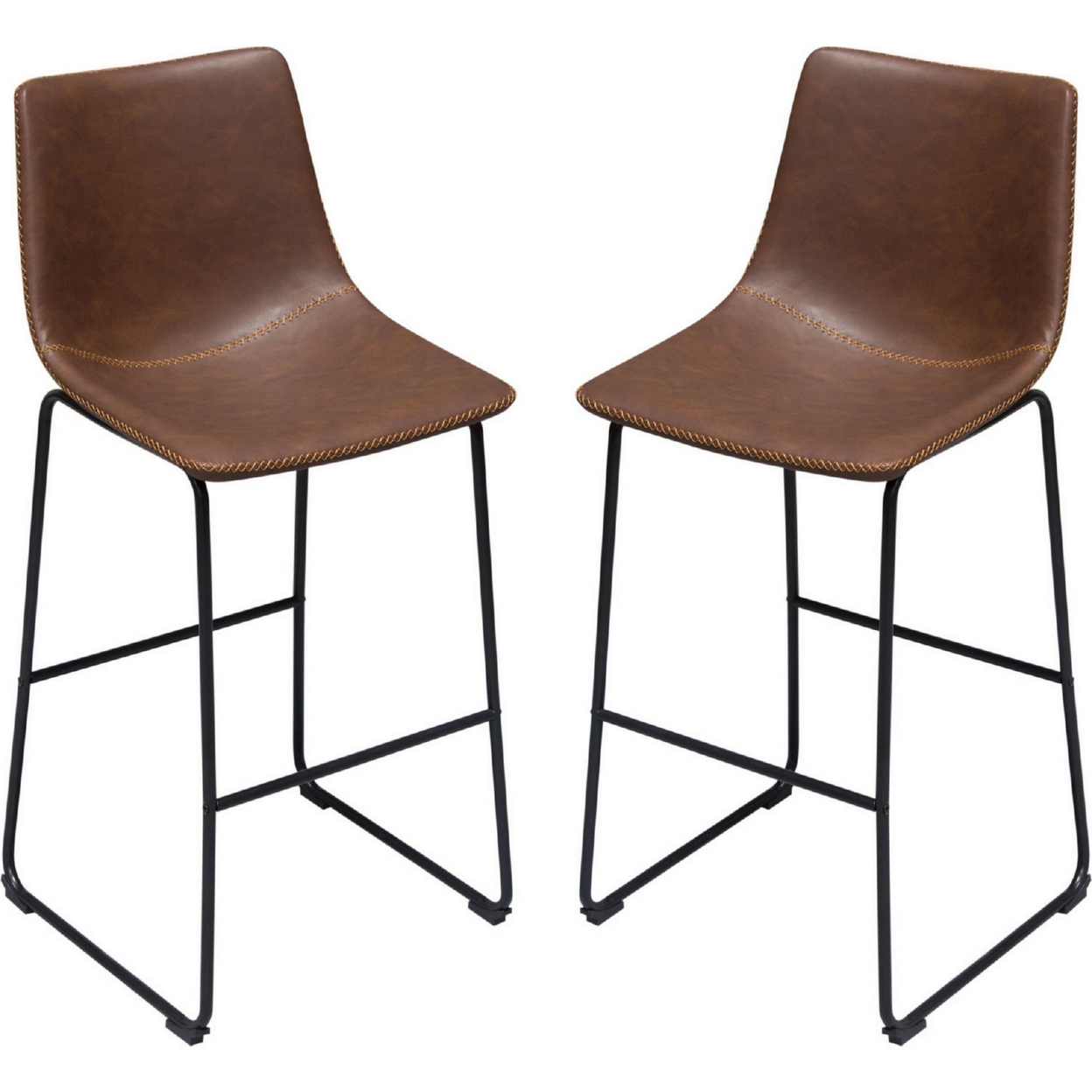 29 Inch Barstool Chair Set Of 2, Brown Faux Leather Upholstery, Black Legs- Saltoro Sherpi