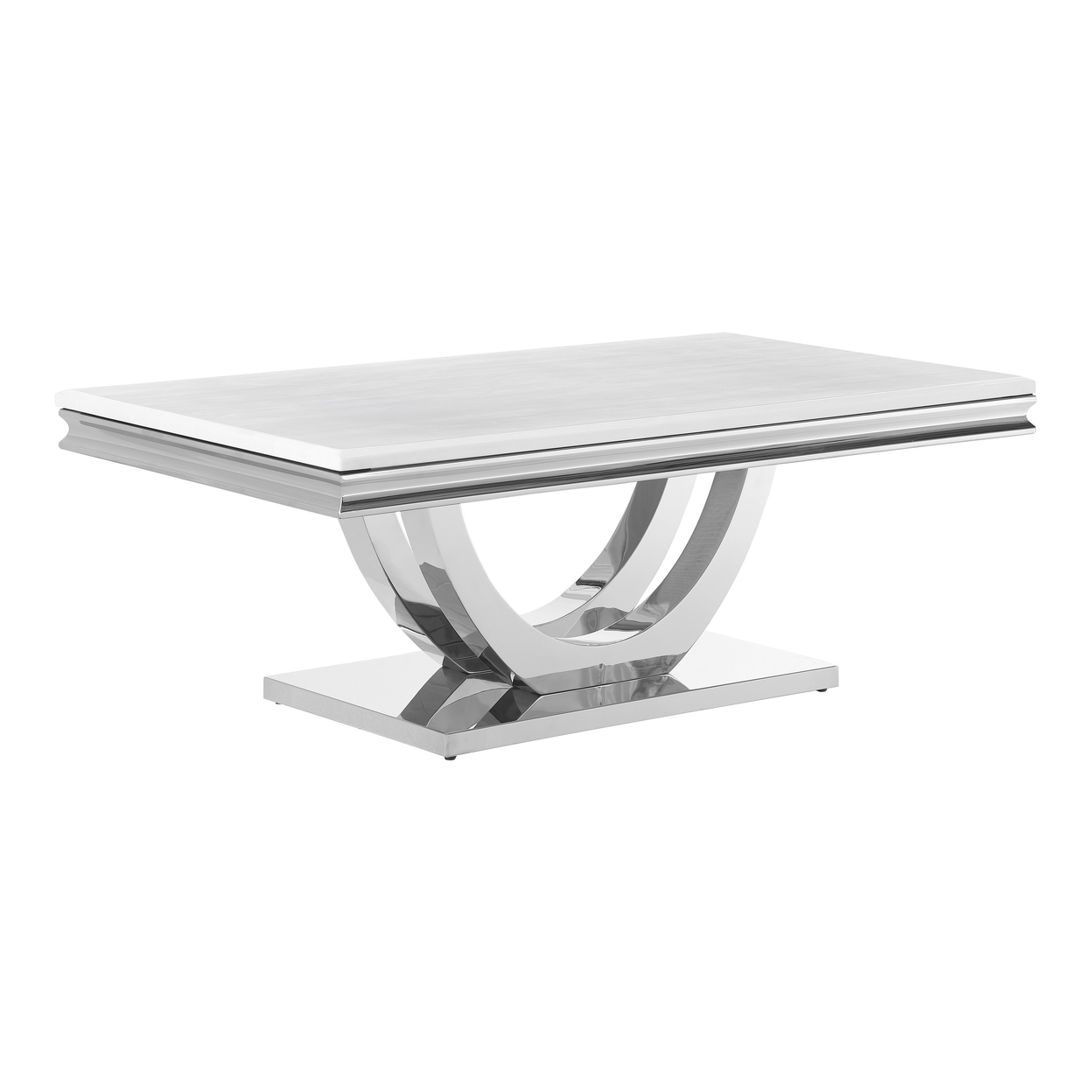 Kas 51 Inch Rectangular Coffee Table, White Stone Top, Polished Chrome Base- Saltoro Sherpi