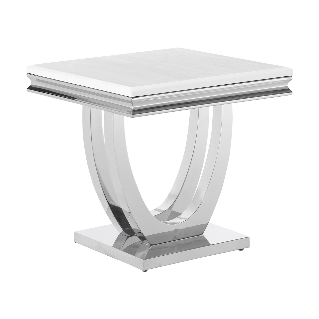 Kas 24 Inch Square End Table, White Stone Top, Polished Chrome Flush Base- Saltoro Sherpi