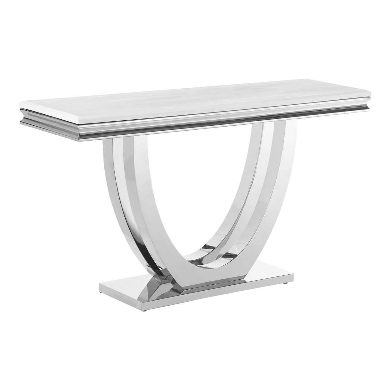Kas 55 Inch Rectangular Sofa Table, White Stone Top, Polished Chrome Base- Saltoro Sherpi