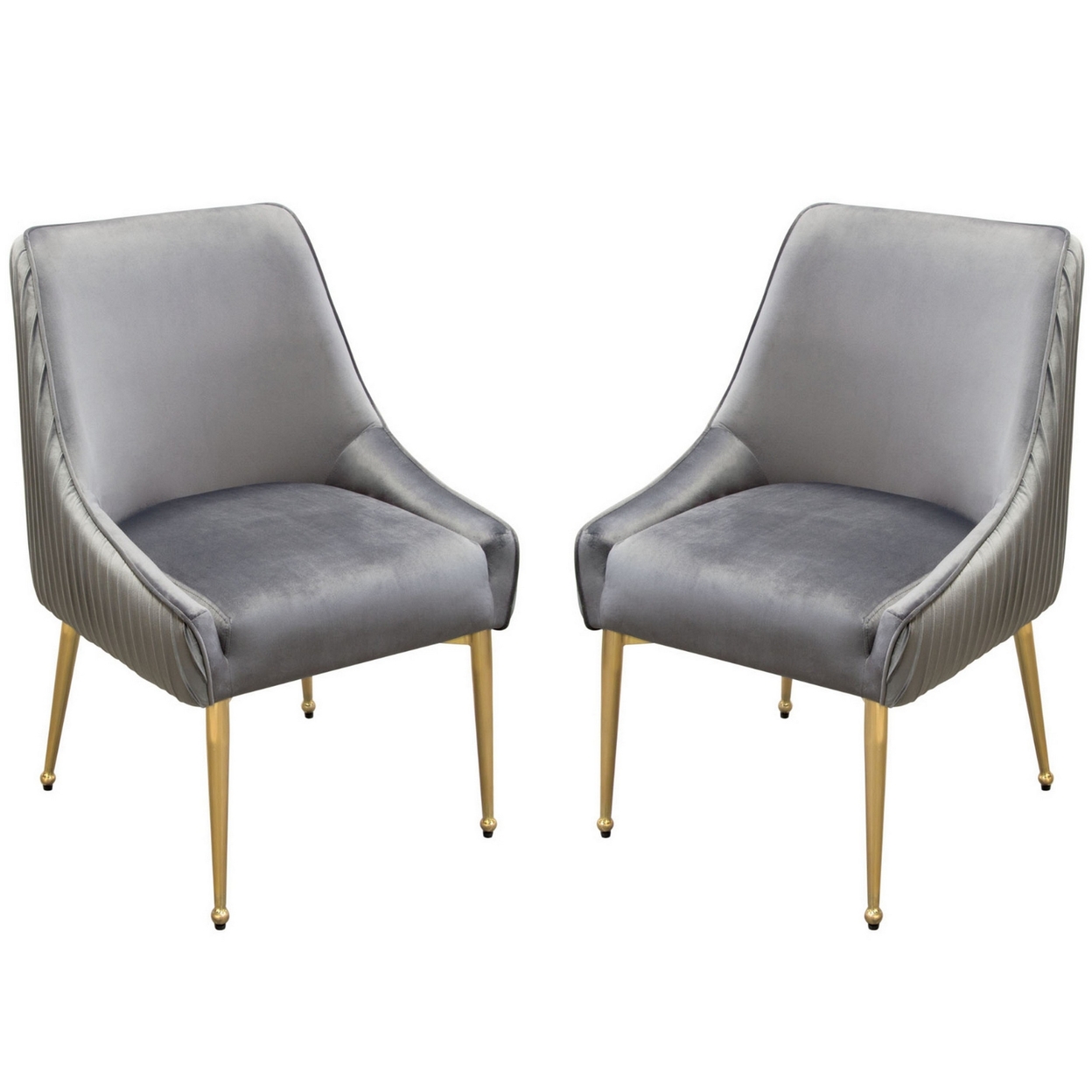 24 Inch Pleated Dining Side Chair, Set Of 2, Smooth Gray Velvet Upholstery- Saltoro Sherpi