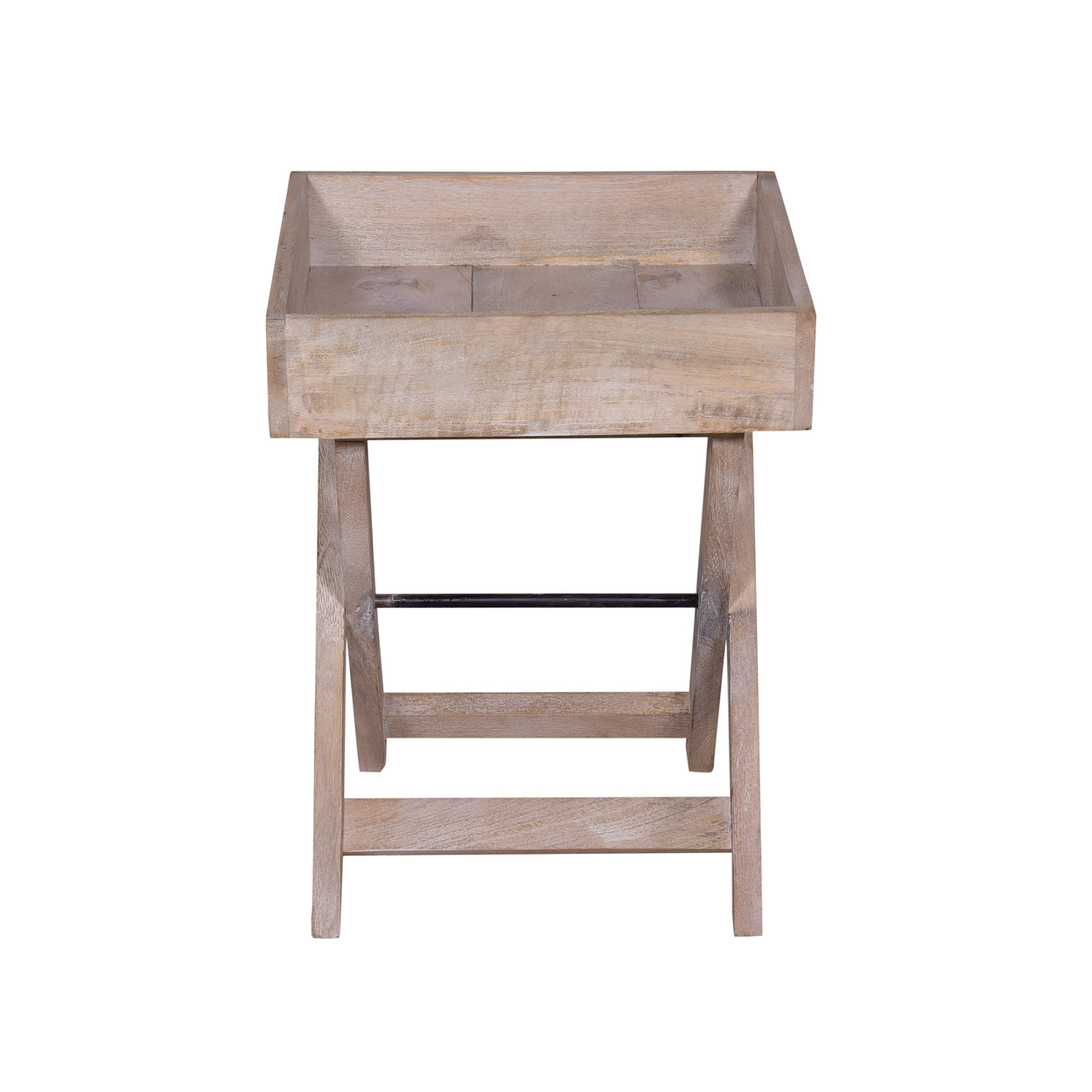 22 Inch Farmhouse Square Tray Top End Table, Mango Wood, X Shape Foldable Frame, Washed White- Saltoro Sherpi
