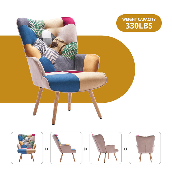 Patchwork Accent Chair Mid-Century Modern Arm Chair With Solid Wood Frame & Soft Cushion, Single Sofa