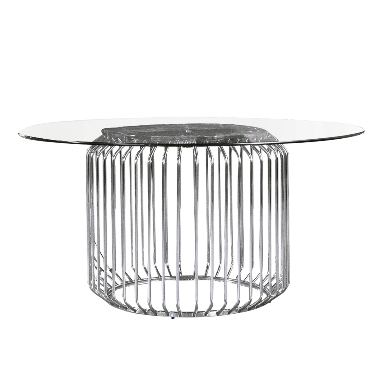 35 Inch Cylindrical Dining Table Base Only, Caged Polished Chrome Metal- Saltoro Sherpi