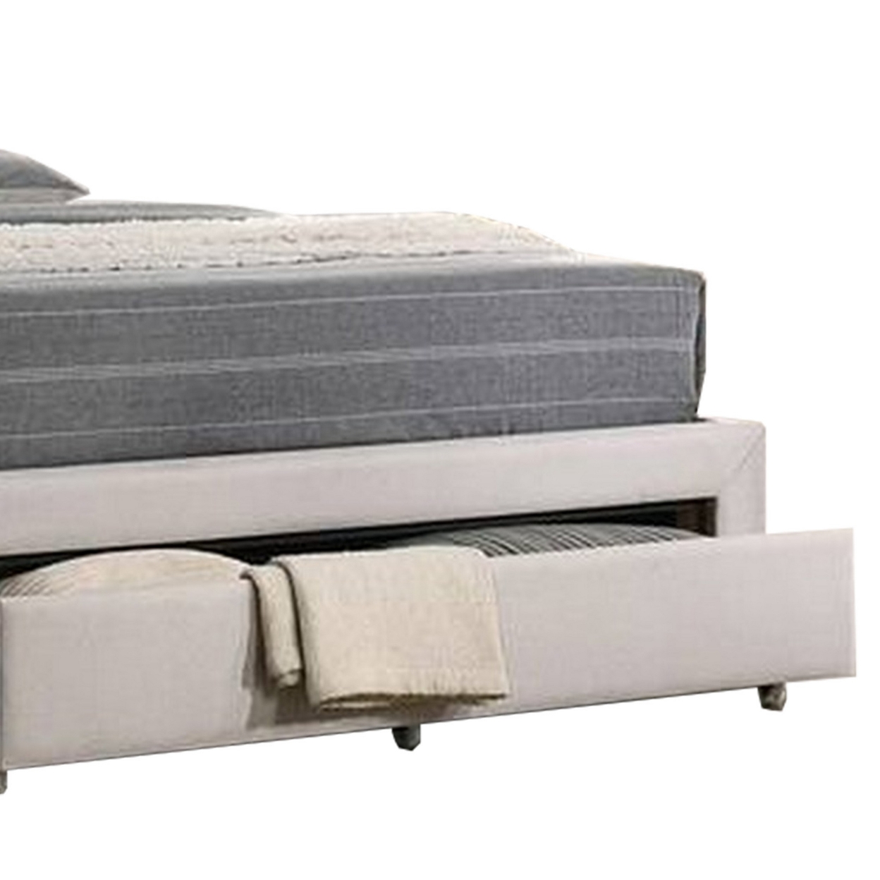 Buk Upholstered Tufted Twin Bed With Storage, Nailhead Trim, Ivory Burlap - Saltoro Sherpi