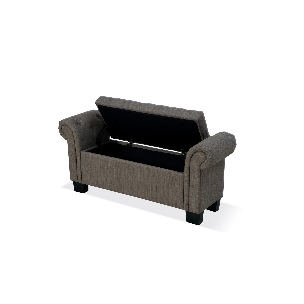 54 Inch Storage Bench, Polyester Linen, Rolled Arms, Tufted, Smooth Gray- Saltoro Sherpi
