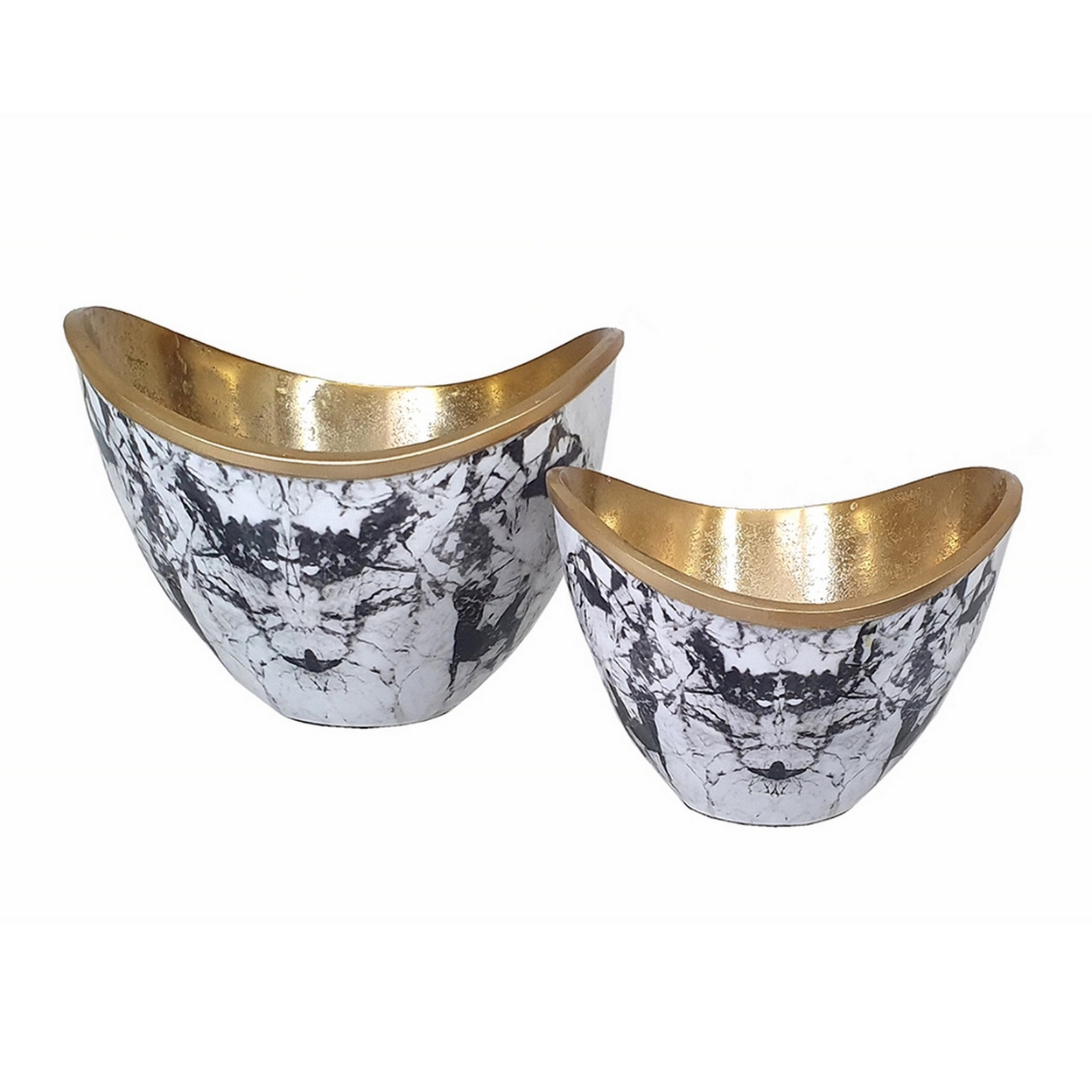 Sinzo Set Of 2 Curved Bowls, Gold Aluminum, Textured Design, Black, White- Saltoro Sherpi