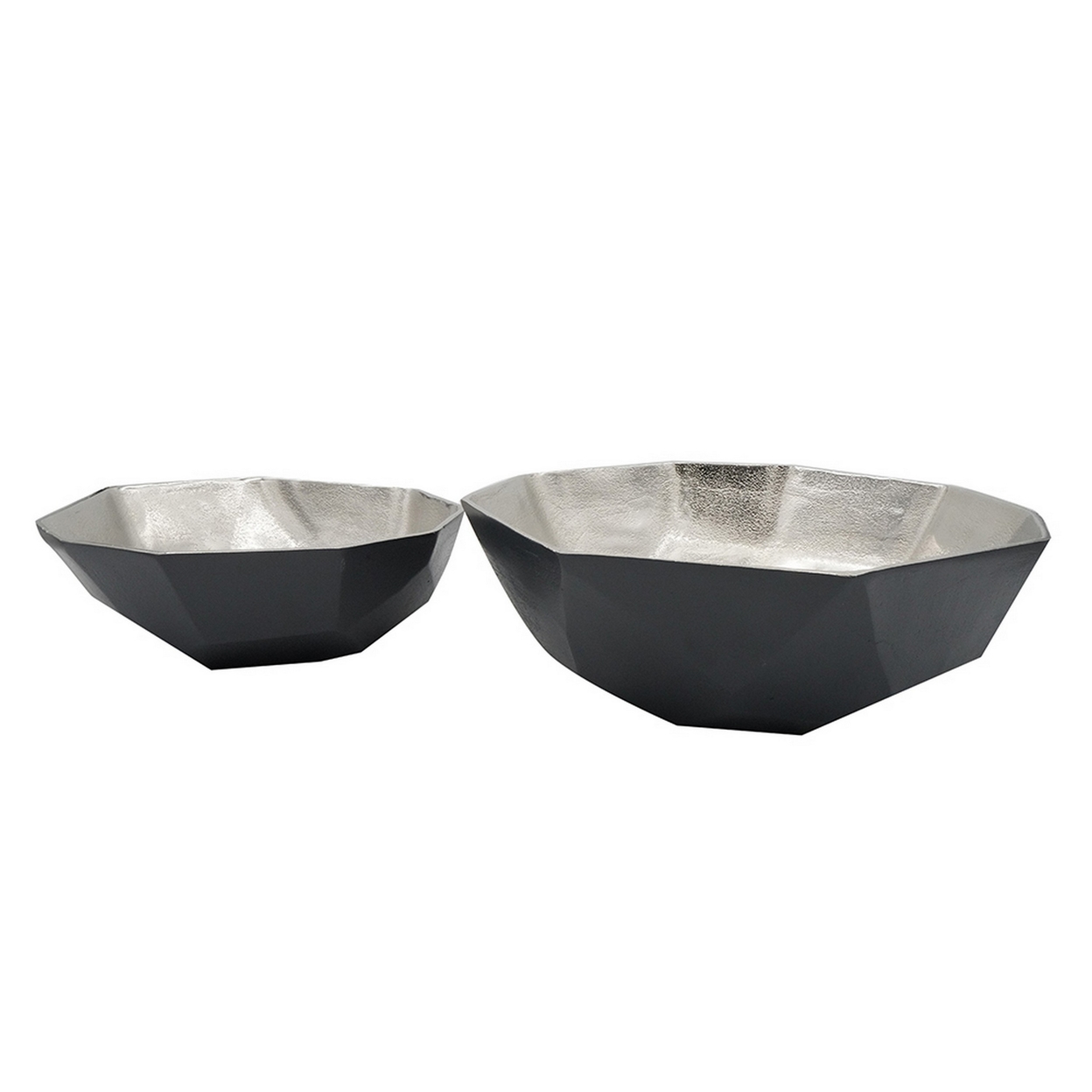 Set Of 2 Decorative Bowls, Diamond Cut Design Aluminum, Silver, Matte Black- Saltoro Sherpi
