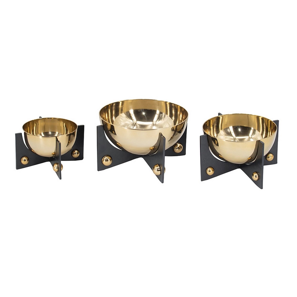 Set Of 3 Aluminum Round Decorative Bowls, Gold Finish, Jet Black Stand- Saltoro Sherpi