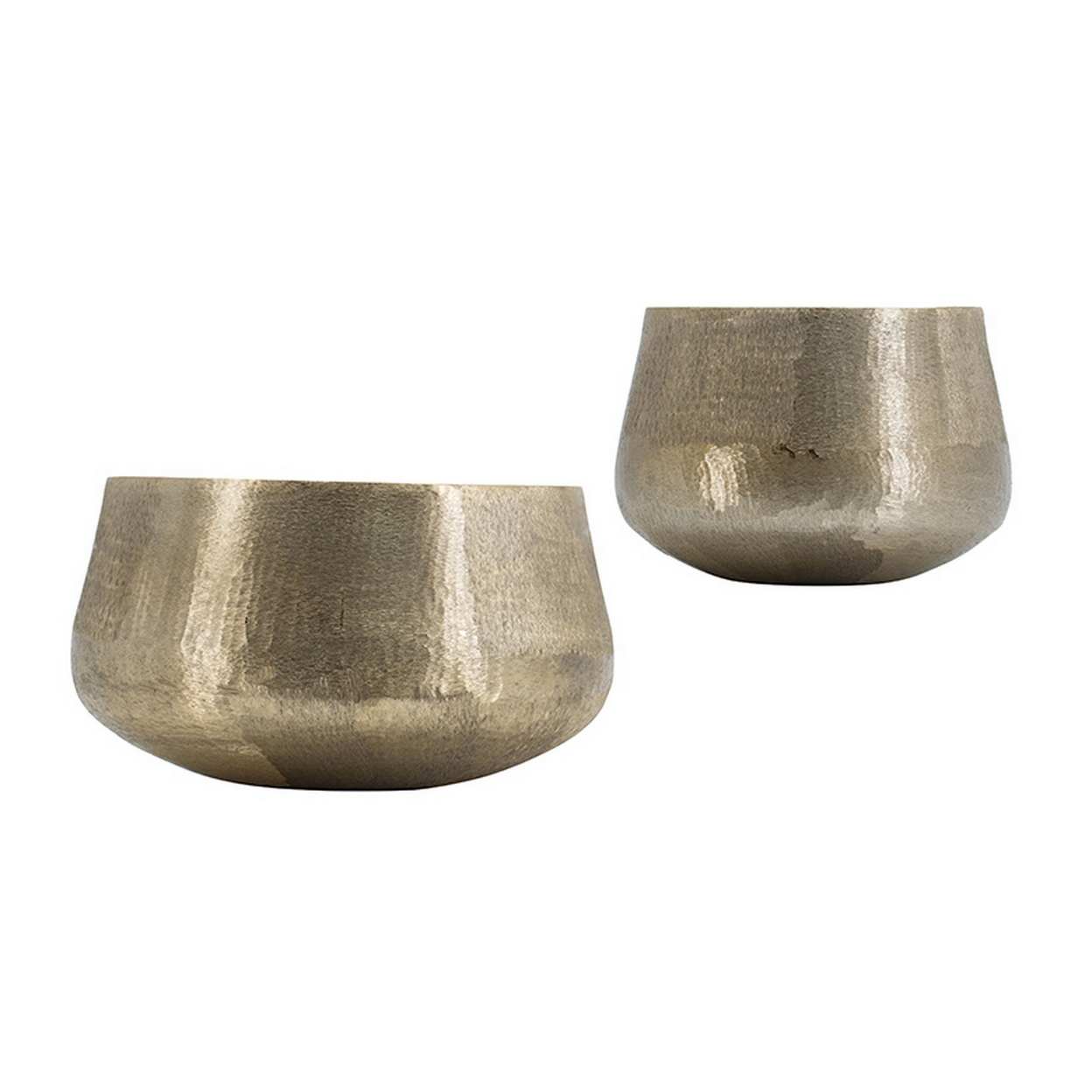 Set Of 2 Metal Bowls, Seude Gold Finish, Curved Shape, Streaked Texture- Saltoro Sherpi