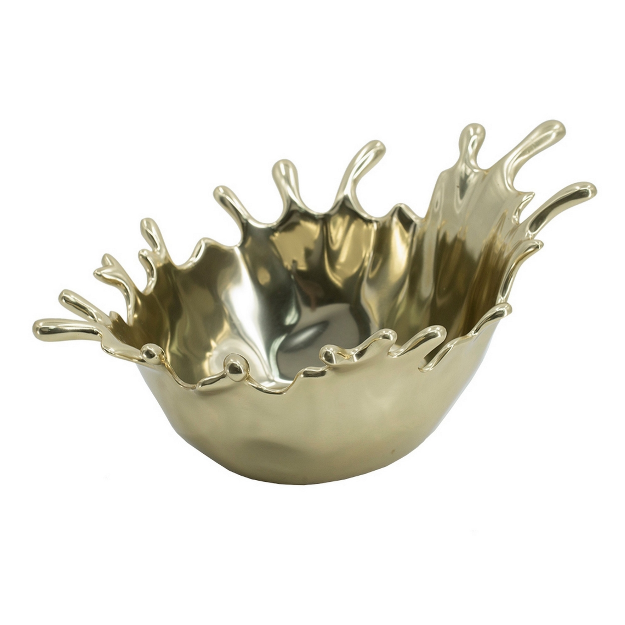 15 Inch Rounded Bowl, Polished Gold, Aluminum, Unique Water Drop Design- Saltoro Sherpi