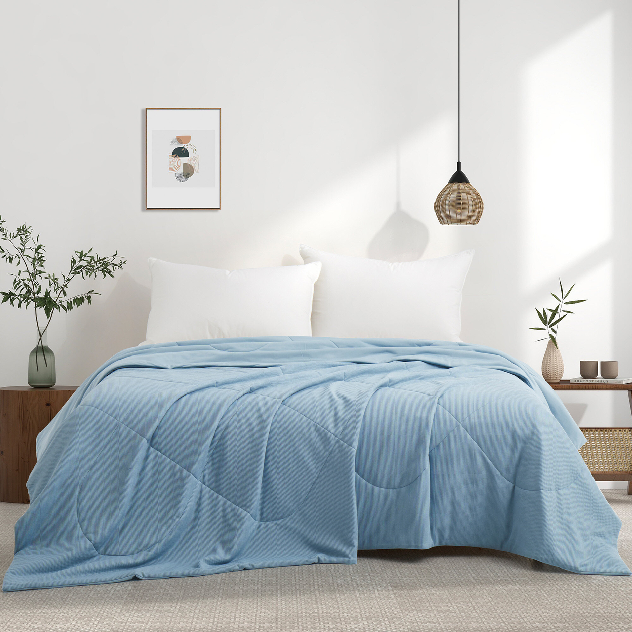Reversible Silky Oversize Blanket With Waffle Design Bed Blanket - Blue, Full/Queen