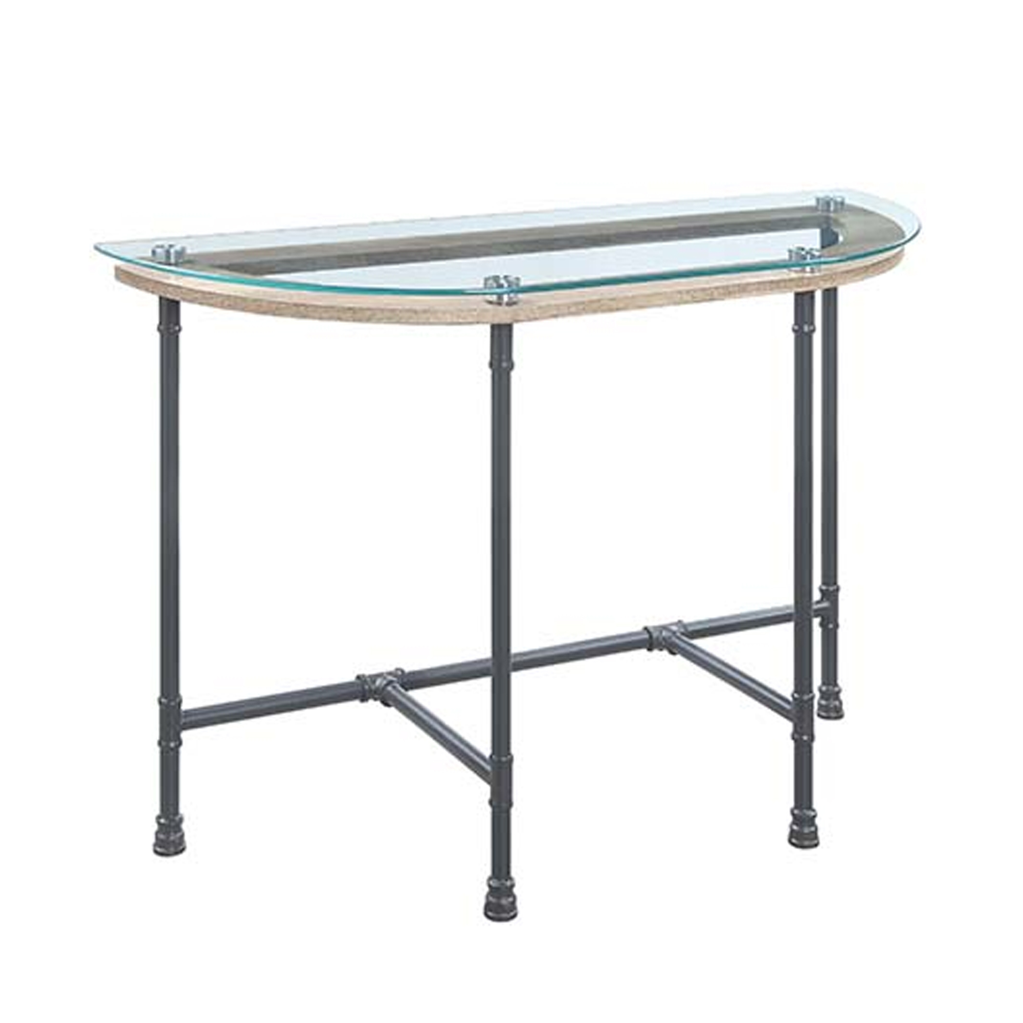 Wood Side Table, Oval Tempered Glass Top, Metal Pipe Style Legs, Clear Glass, Sandy Gray- Saltoro Sherpi