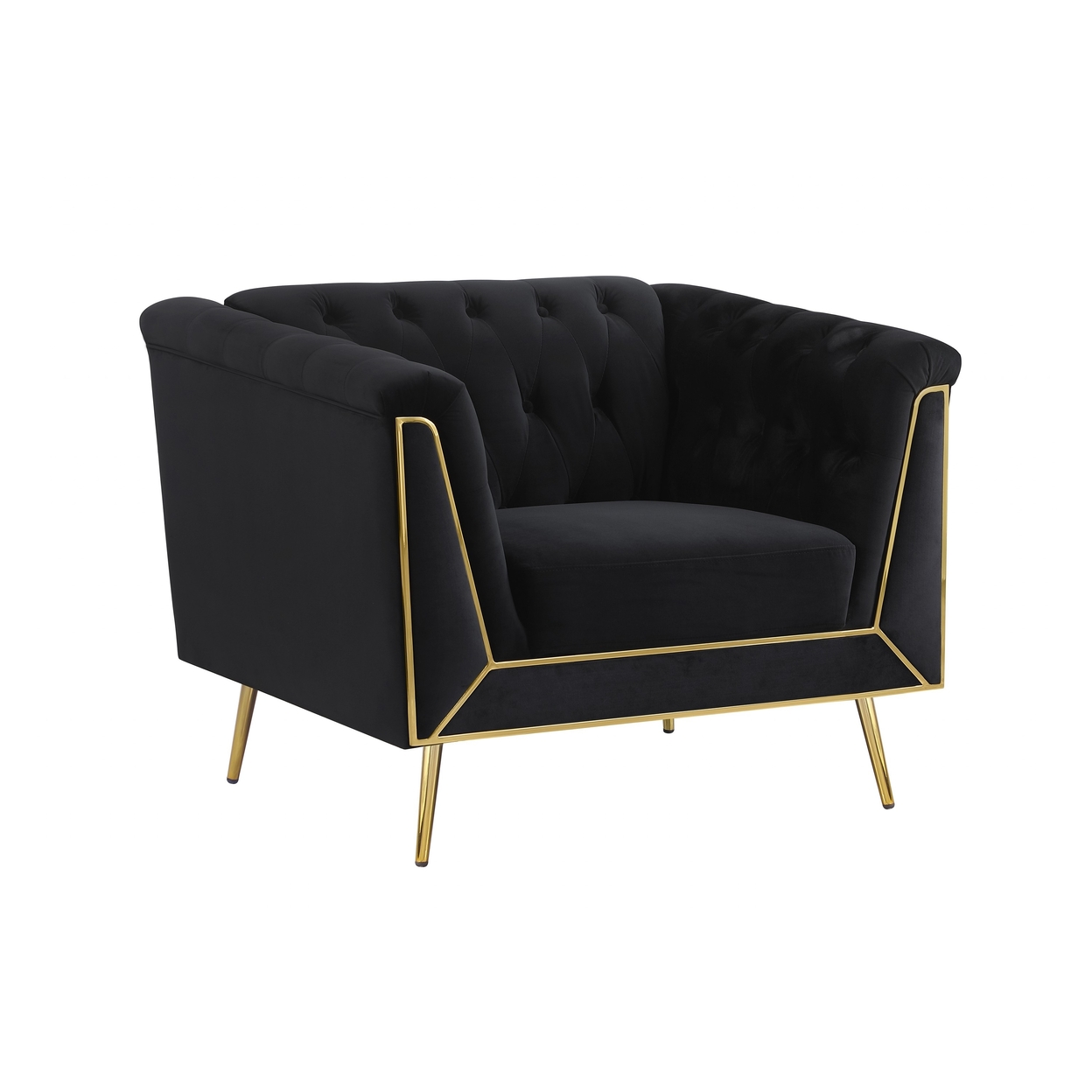 Ato 40 Inch Chesterfield Chair, Gold Trim, Tufted Black Velvet Upholstery- Saltoro Sherpi