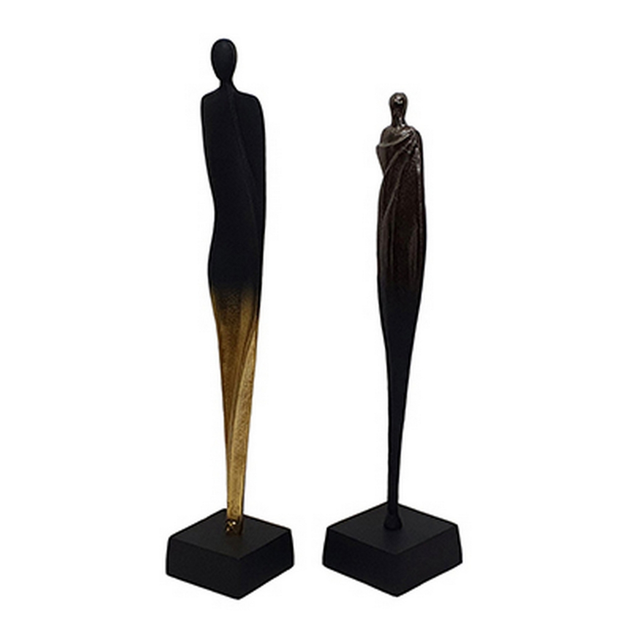 Set Of 2 Decorative Human Statuettes, Aluminum, Bold Black, Gold, Silver- Saltoro Sherpi