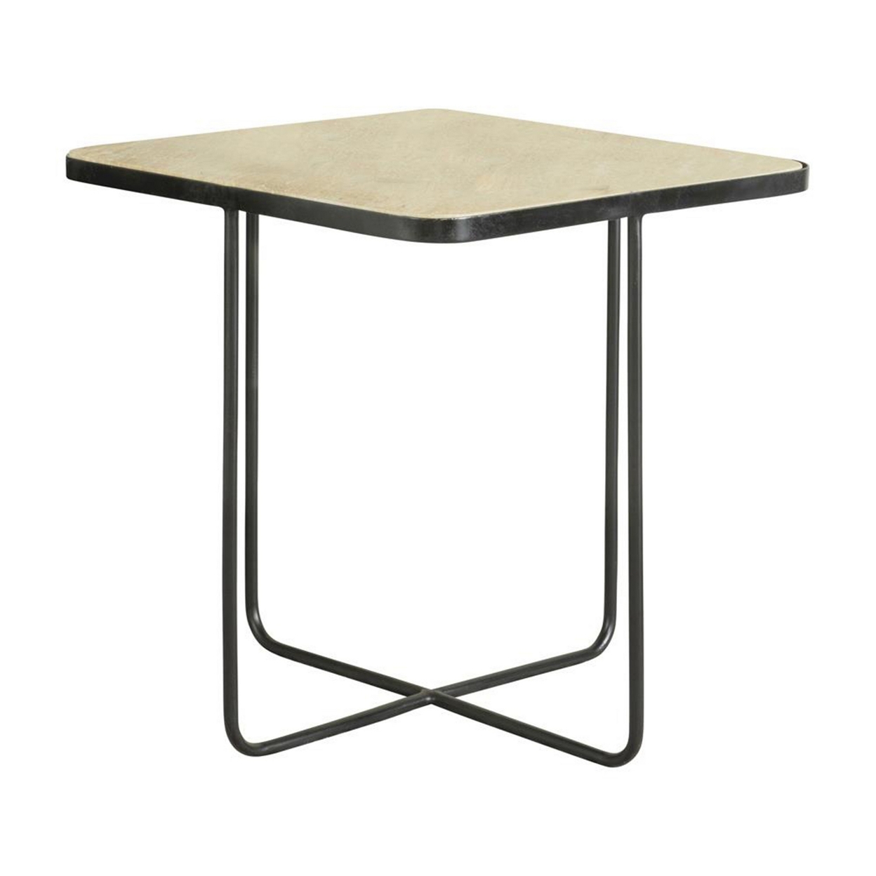 24 Inch Square Accent Side End Table, Iron, Travertine Marble Top, Black- Saltoro Sherpi