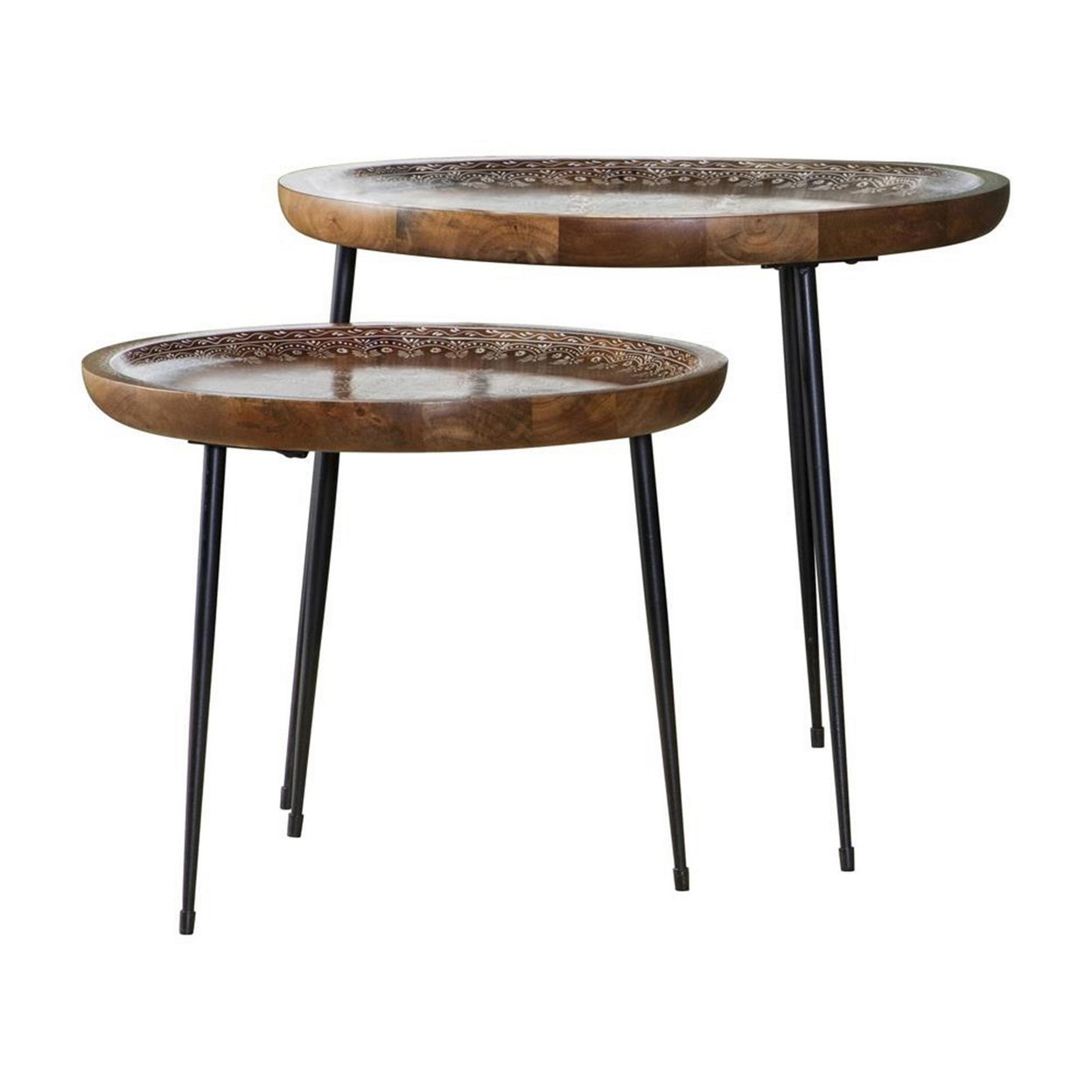 2 Piece Round Nesting Tray Top Table Set, Carved Edges, Motif Design, Brown- Saltoro Sherpi