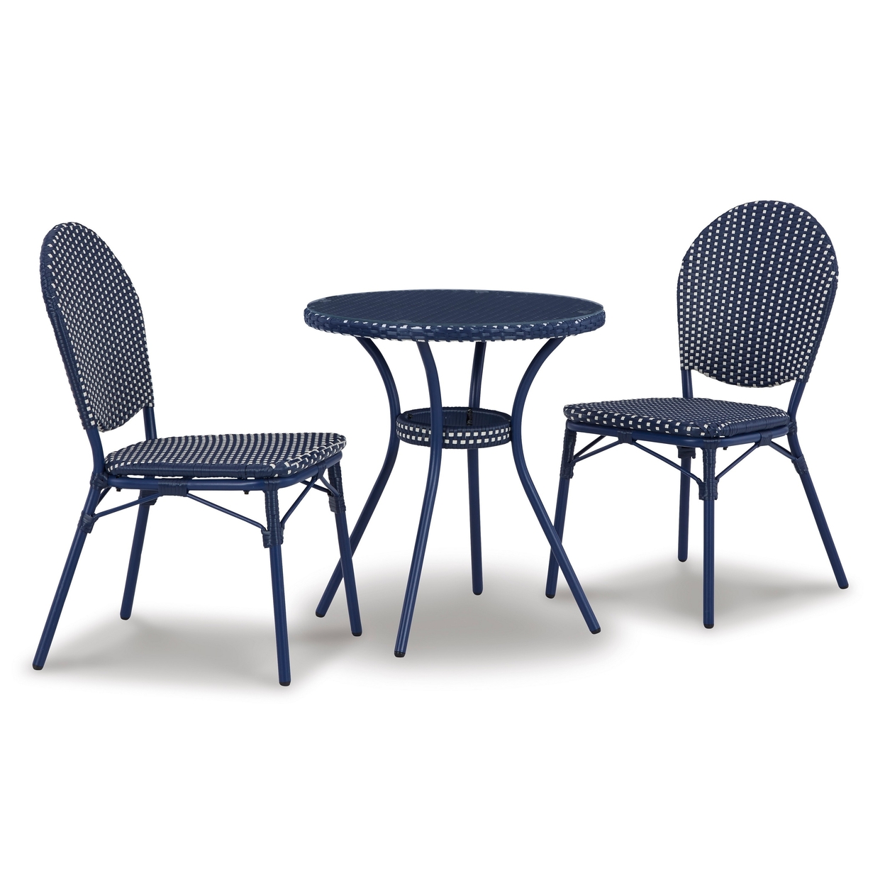3 Piece Outdoor Table And 2 Chairs Bistro Set, Handwoven Blue Wicker- Saltoro Sherpi