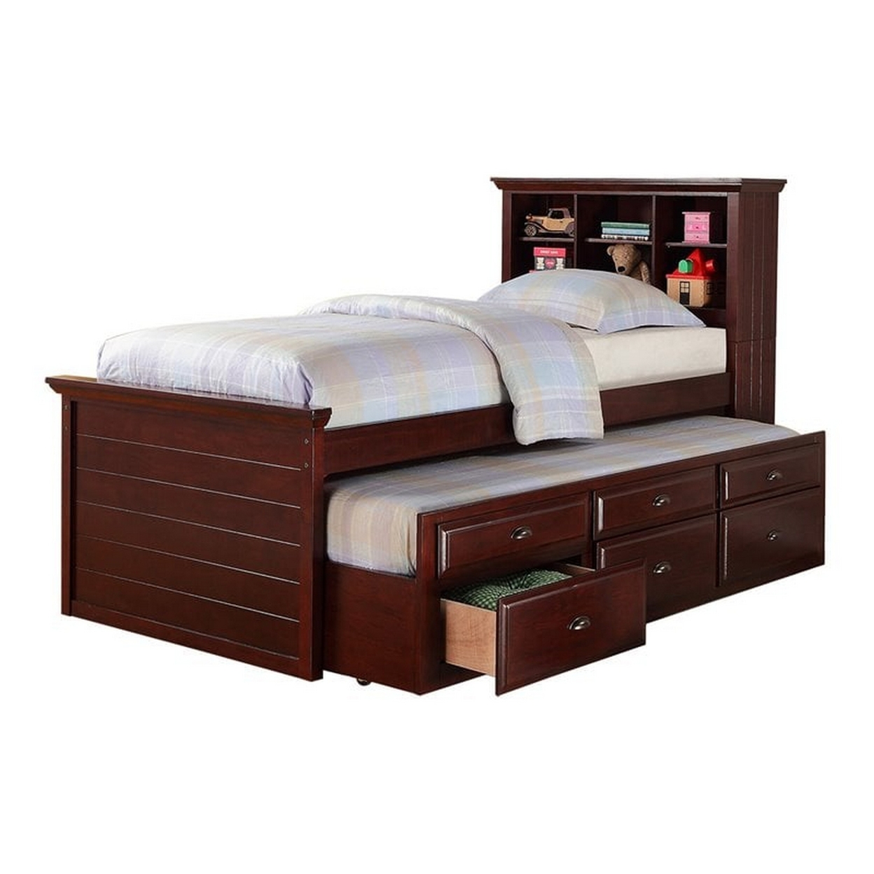 Toni Twin Size Trundle Bed With 6 Drawers, Bookcase Headboard, Brown Wood- Saltoro Sherpi