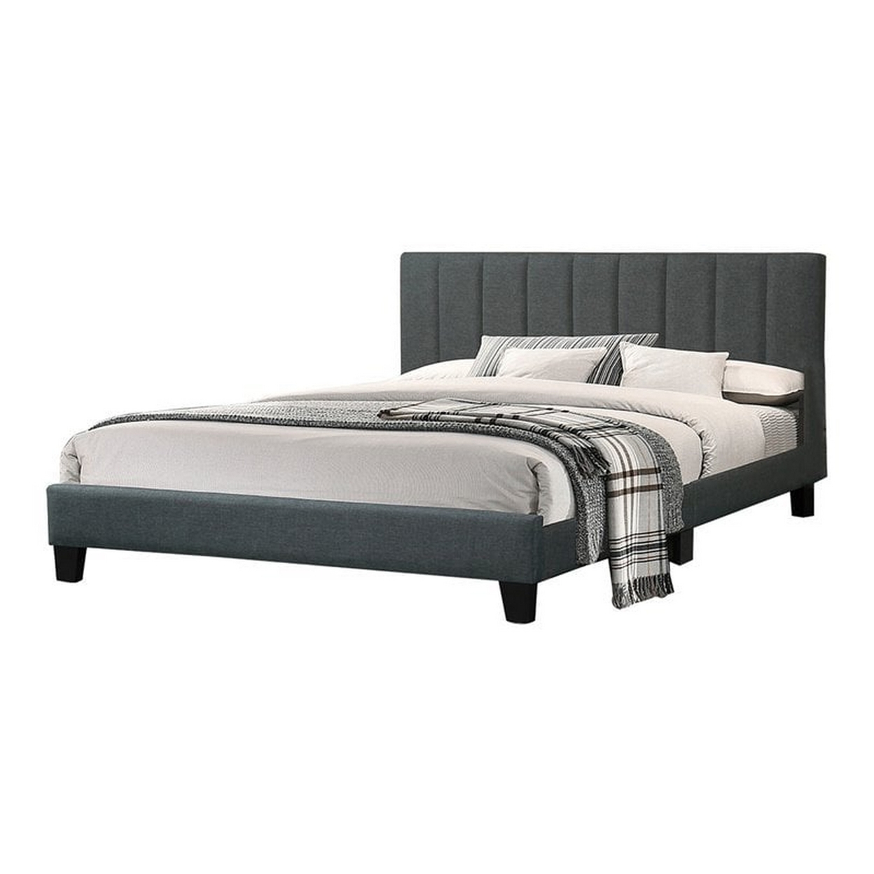Eve Platform Queen Size Bed, Vertical Channel Tufting, Charcoal Upholstery- Saltoro Sherpi