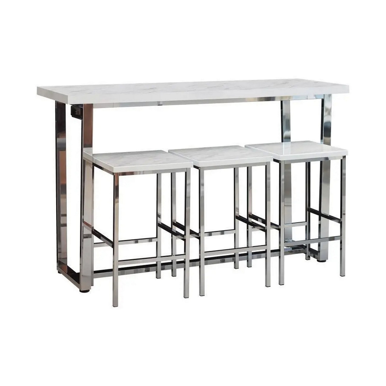 4 Piece Counter Height Slim Dining Table Set, 3 Stools, Power Outlets, Chrome- Saltoro Sherpi