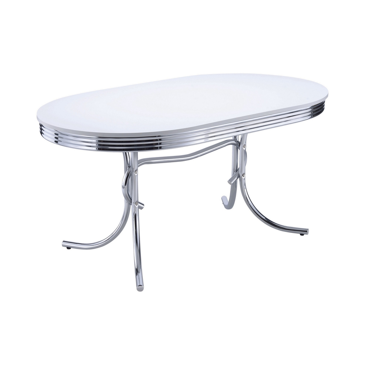 Loy 60 Inch Oval Dining Table, Glossy White Wood Top, Ribbed Chrome Apron- Saltoro Sherpi