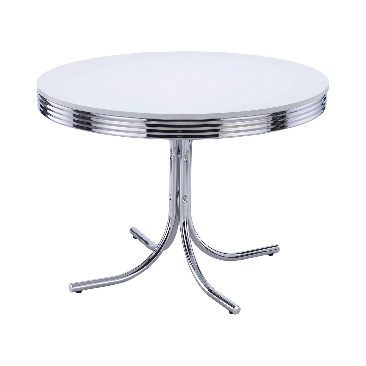 Loy 42 Inch Round Dining Table, Glossy White Wood Top, Ribbed Chrome Apron- Saltoro Sherpi