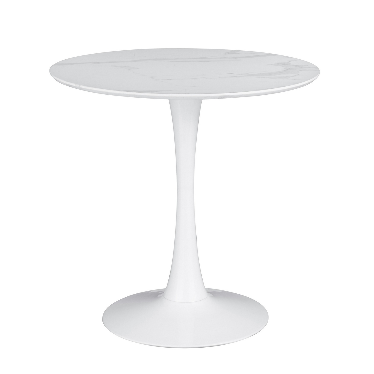 Loxi 30 Inch Round Dining Table, White Faux Marble Top, Tulip Accent Body- Saltoro Sherpi
