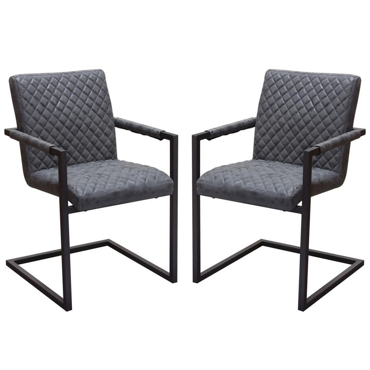 Diamond Tufted Leatherette Dining Chairs With Metal Cantilever Base, Gray And Black, Pack Of Two- Saltoro Sherpi