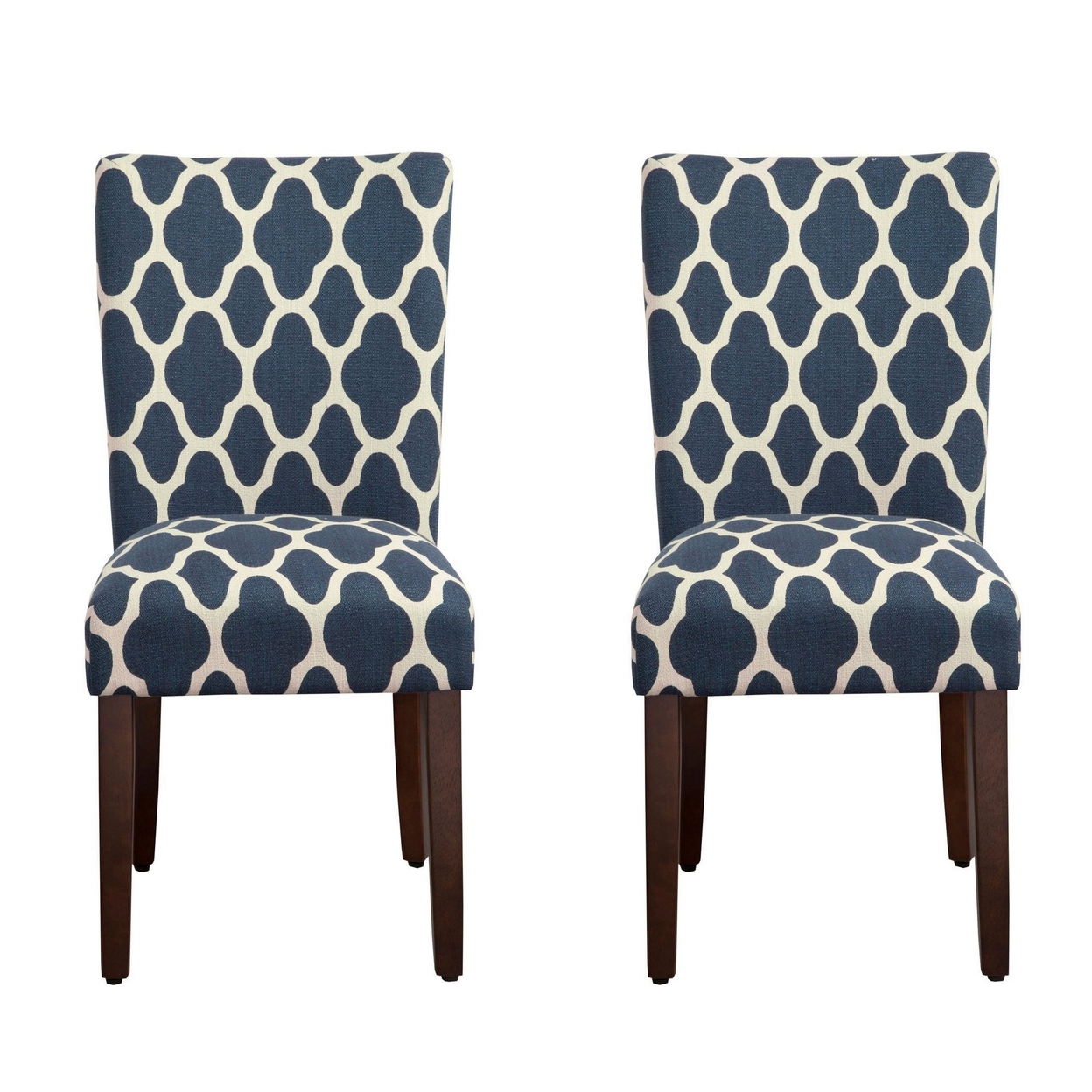 Wooden Parson Dining Chairs With Quatrefoil Patterned Fabric Upholstery, Blue And White, Set Of Two-Saltoro Sherpi