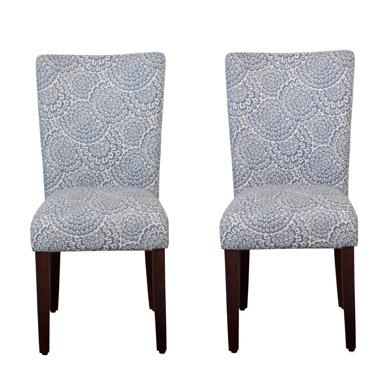 Wooden Parson Dining Chairs With Floral Patterned Fabric Upholstery, Blue And White, Set Of Two- Saltoro Sherpi