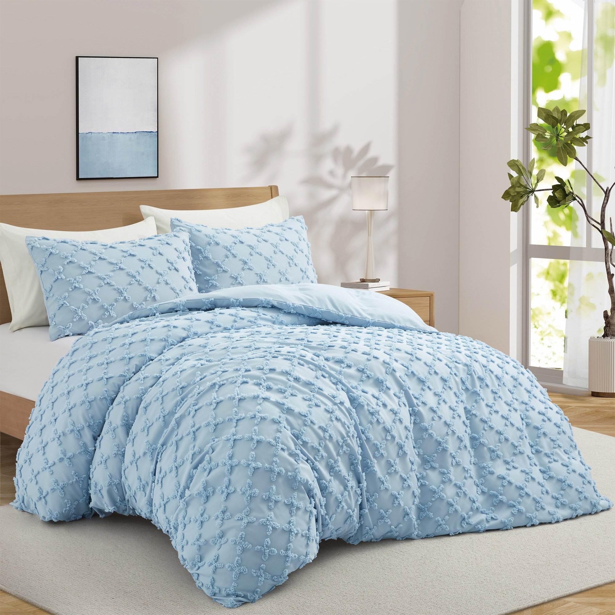 2 Or 3 Piece Soft Microfiber Clipped Duvet Cover Set With Shams - Baby Blue, Full/Queen-90*90