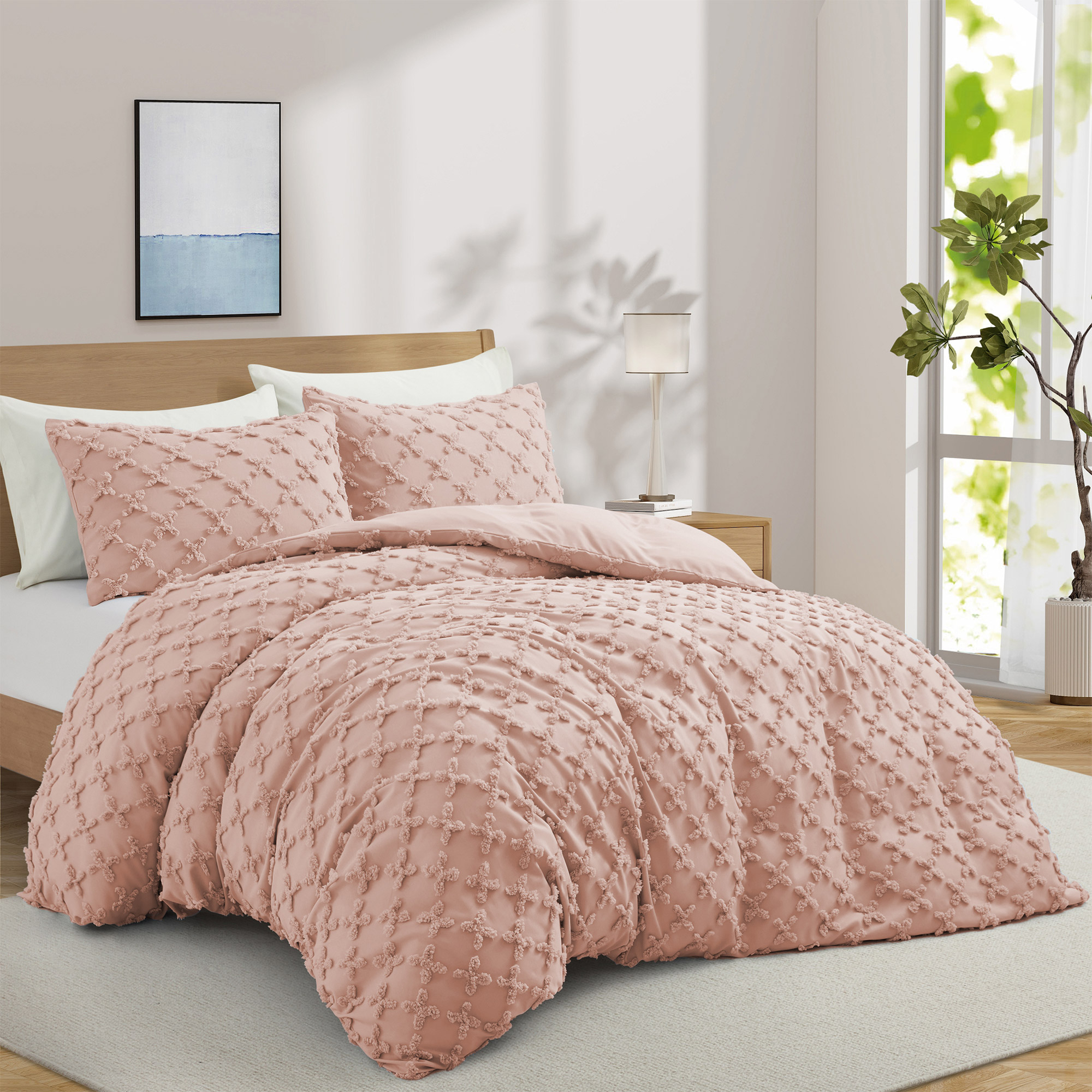 2 Or 3 Piece Soft Microfiber Clipped Duvet Cover Set With Shams - Crystal Pink, Full/Queen-90*90