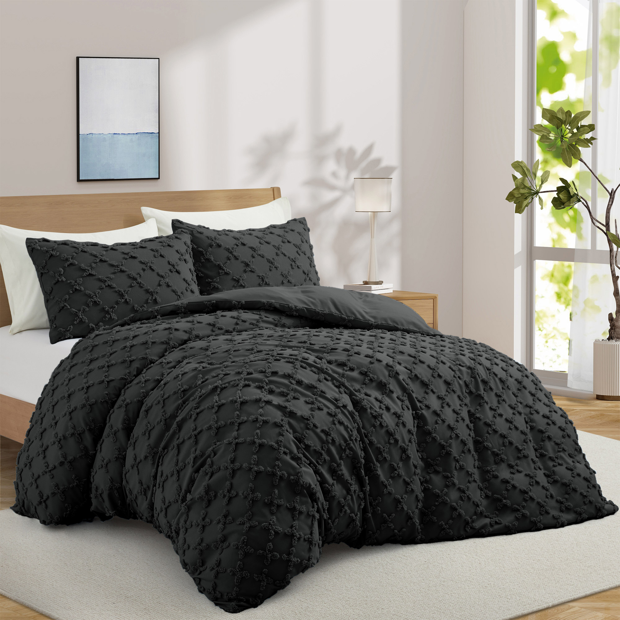 2 Or 3 Piece Soft Microfiber Clipped Duvet Cover Set With Shams - Pirate Black, Full/Queen-90*90