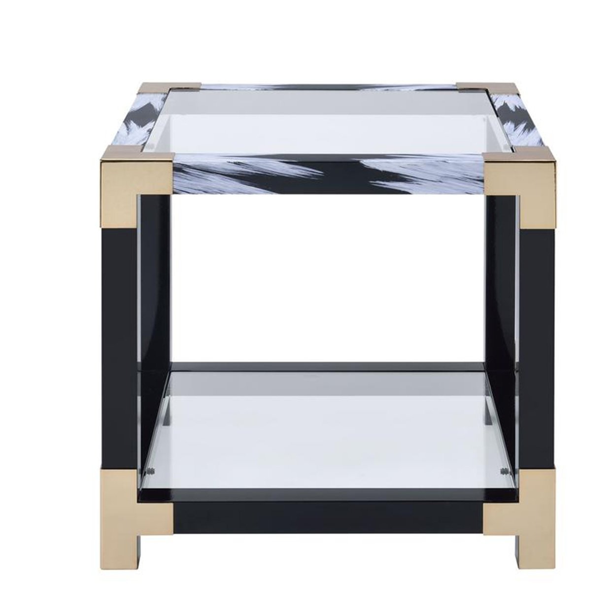 Modern Style Square Metal And Glass End Table With Bottom Shelf, Black And Gold- Saltoro Sherpi