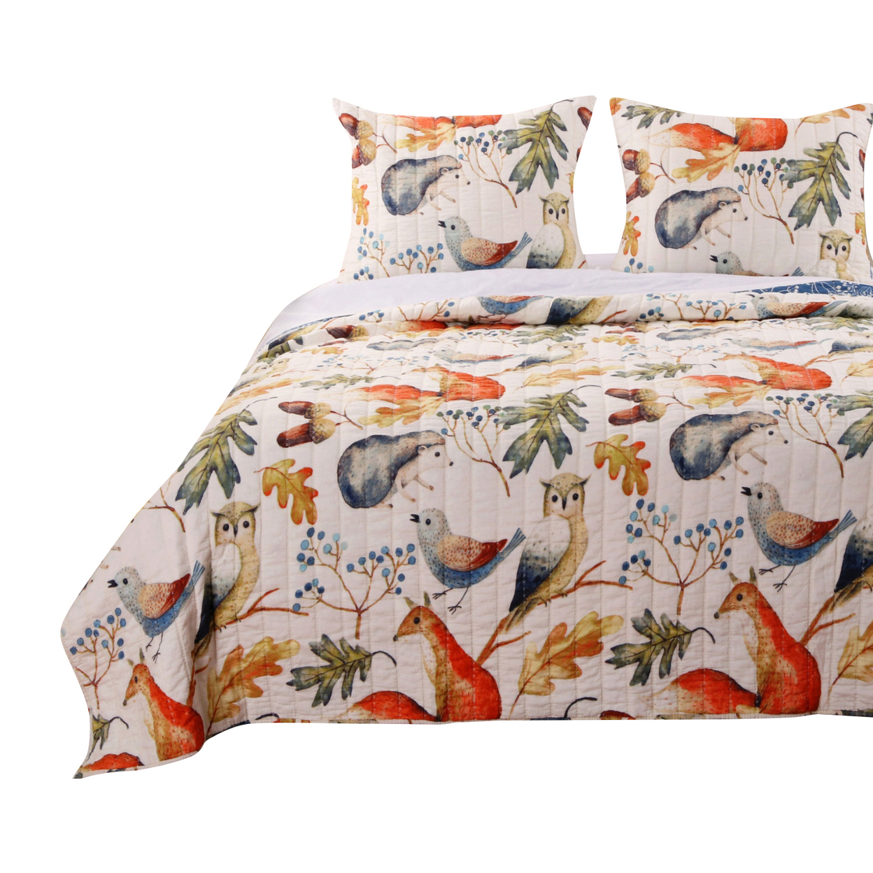 Nature Inspired Full And Queen Size Cotton And Polyester Quilt Set, Multicolor, Set Of Three- Saltoro Sherpi