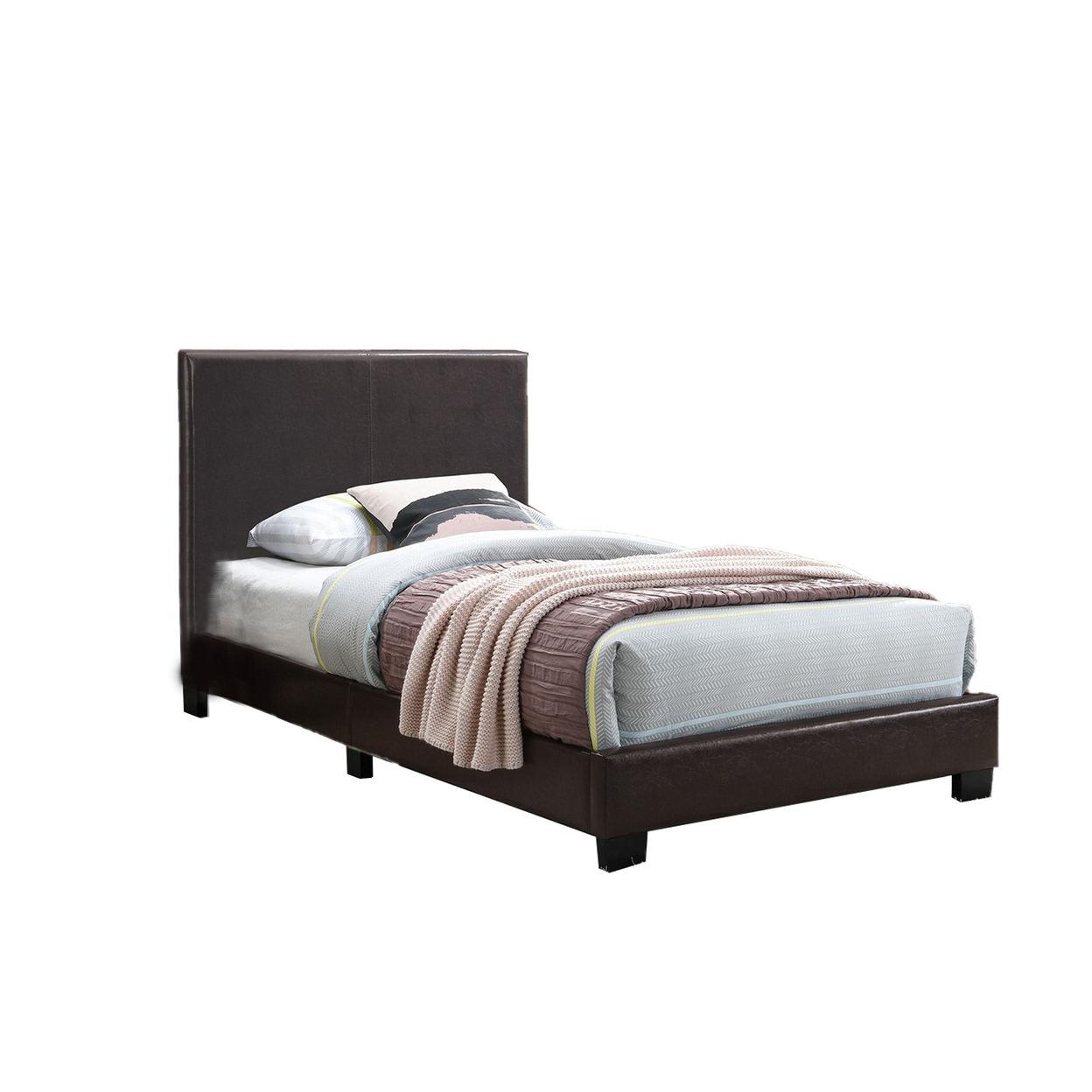 Transitional Style Leatherette Twin Bed With Padded Headboard, Dark Brown- Saltoro Sherpi