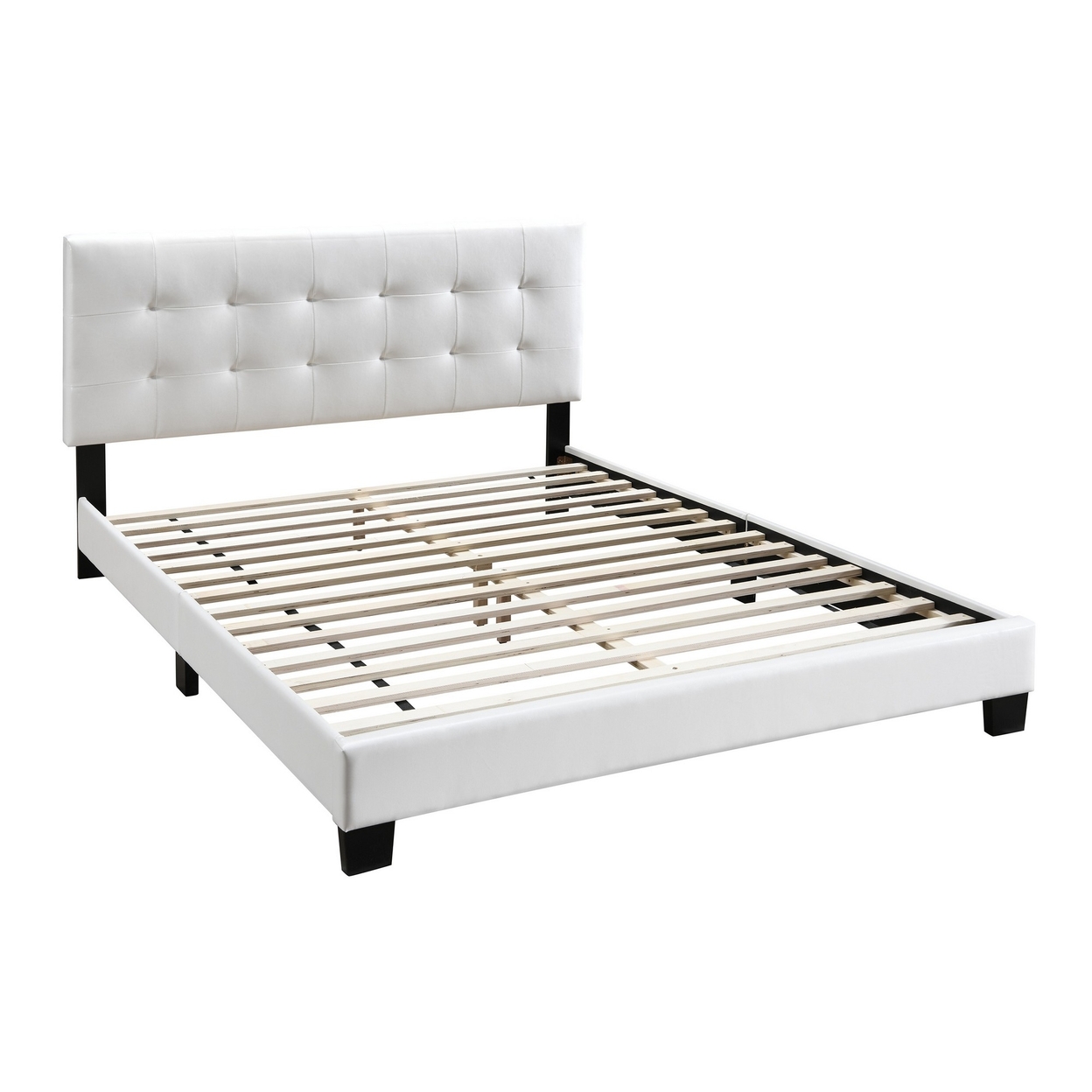 Queen Leatherette Bed With Checkered Tufted Headboard, White- Saltoro Sherpi