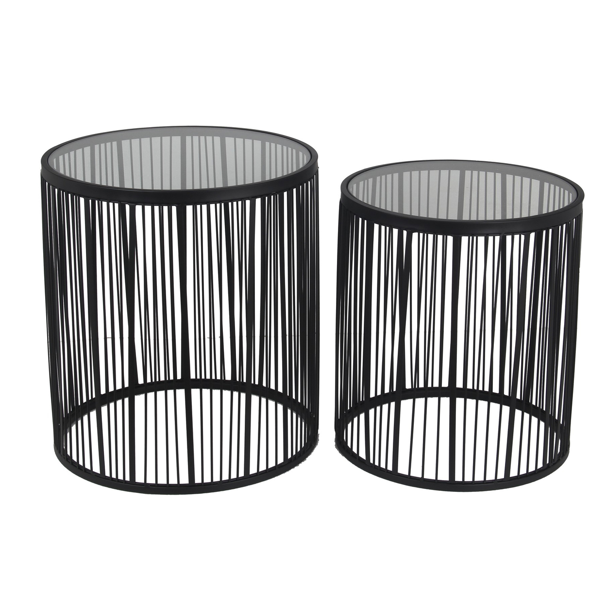 2 Piece Glass Top Accent Table With Wire Frame Design, Black- Saltoro Sherpi