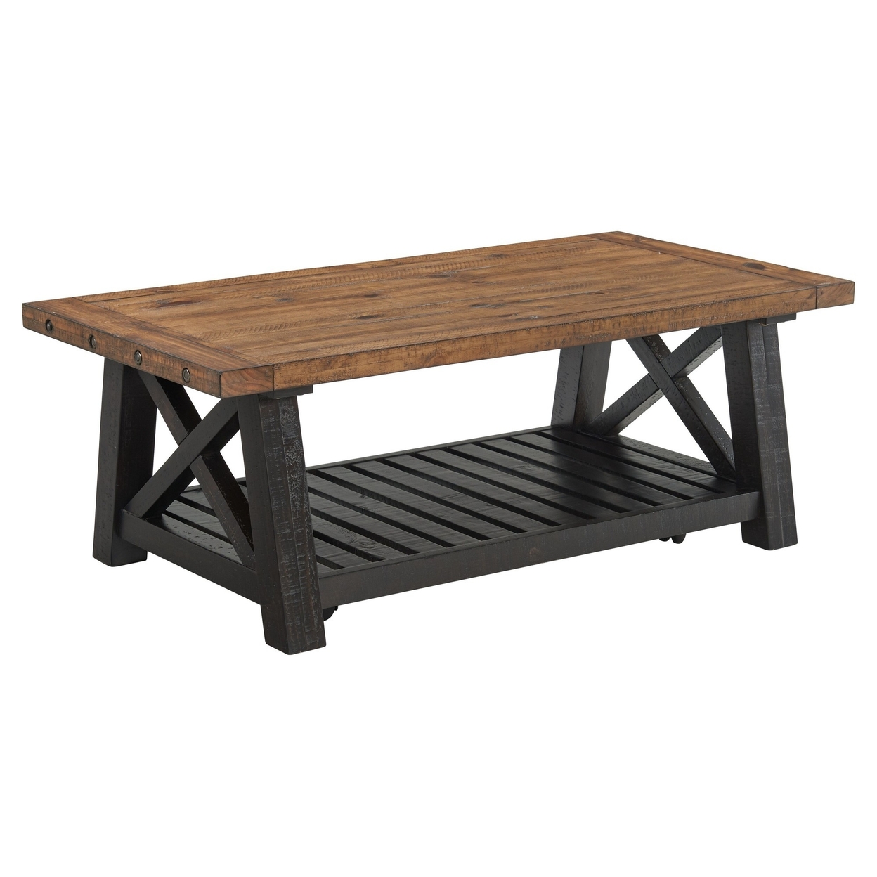 Coffee Table With Slatted Shelf And X Legs, Brown And Black- Saltoro Sherpi